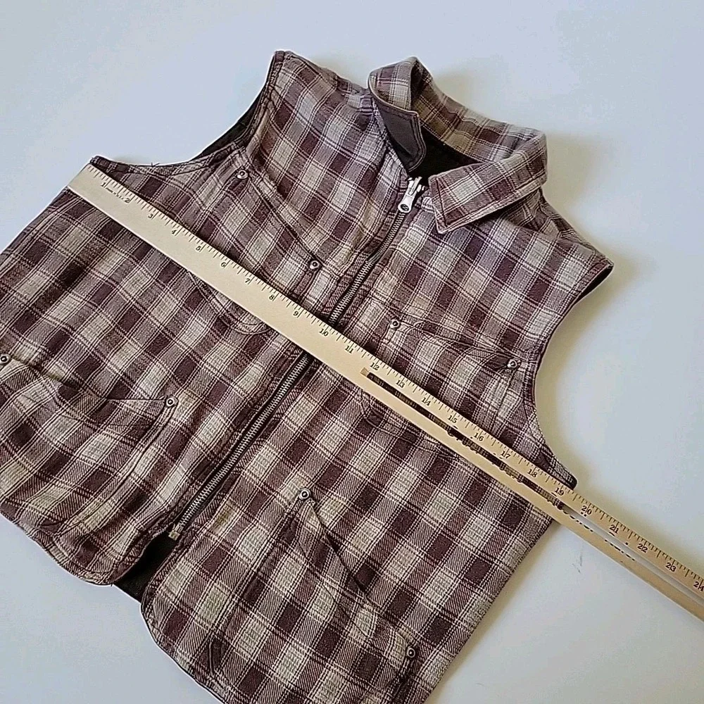 St Johns Bay Vintage Reversible Vest Petite Medium Brown‎ Denim Flannel Full Zip